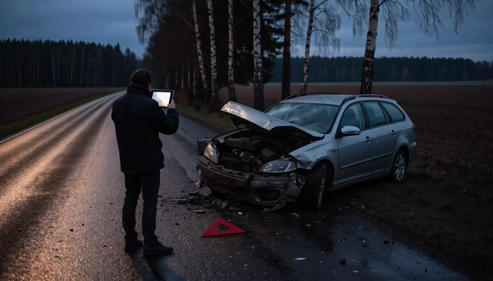 Rozbite auto na wiejskiej drodze wieczorem, mężczyzna fotografuje szkodę tabletem
