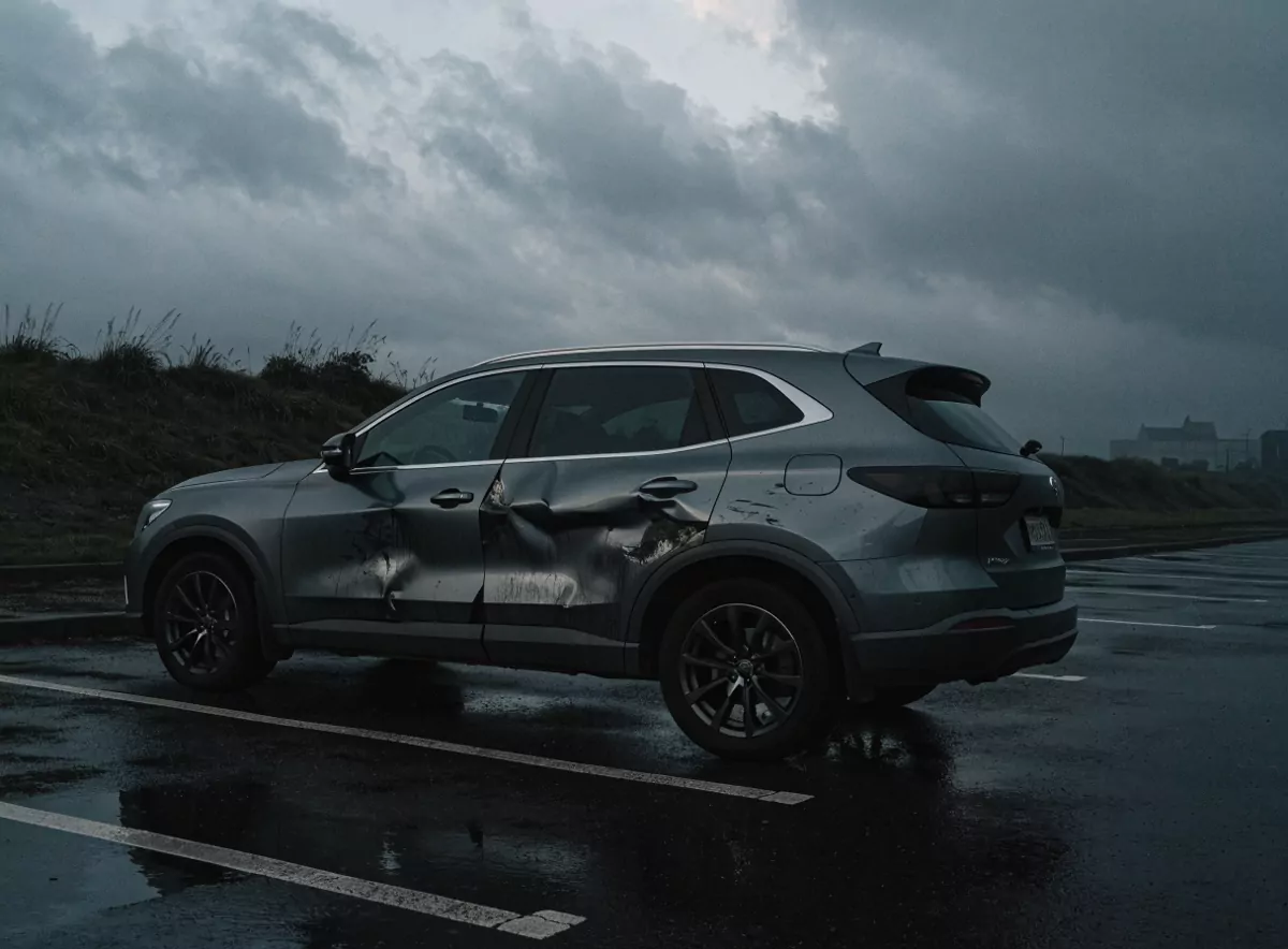 Szary SUV z wgnieceniami drzwi na mokrym parkingu