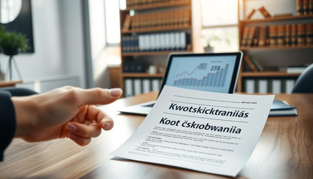 A close-up of a sleek, polished desk in a modern office setting, featuring a document titled "Kwota odszkodowania" prominently displayed. In the foreground, a hand reaches out towards the document, adorned with neatly manicured nails, suggesting a moment of contemplation. In the middle ground, a laptop is open, displaying graphs and figures related to insurance compensation claims, creating a sense of urgency and focus. The background features a softly blurred bookshelf filled with legal books and insurance binders, enhancing the professional atmosphere. Natural light filters in through a large window, casting a warm glow and creating soft shadows. The overall mood is one of determination and clarity, reflecting the importance of taking the right steps in the face of undervalued compensation.