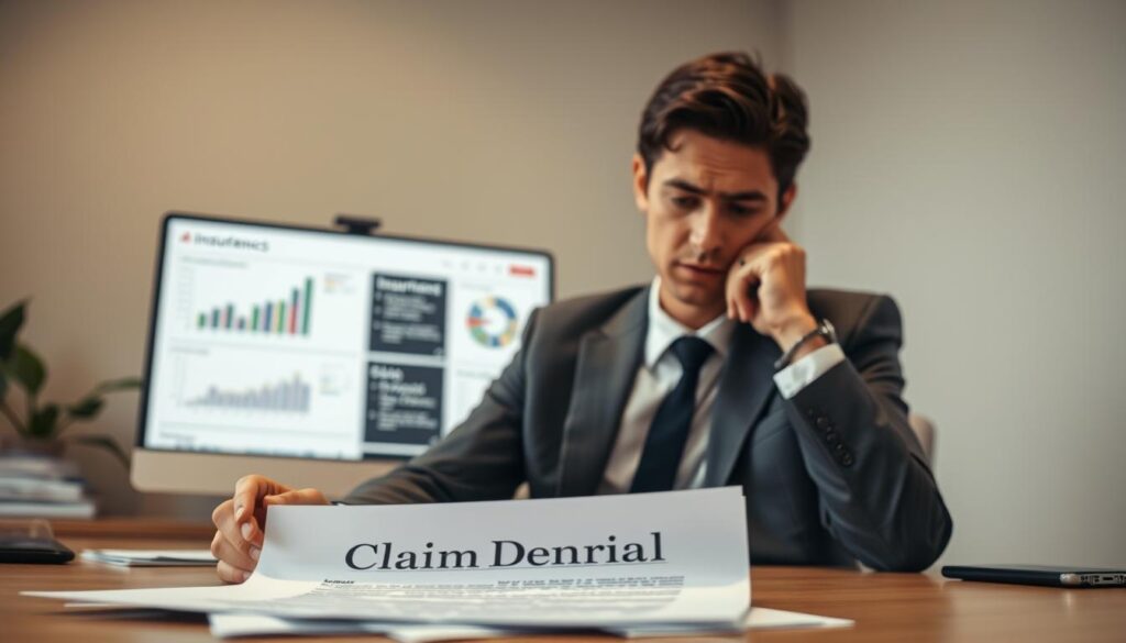 A professional office scene depicting a person in business attire, seated at a desk, looking at insurance documents with a concerned expression. In the foreground, focus on the papers, highlighting a document titled "Claim Denial." The middle ground features a computer screen displaying data analytics about insurance claims. In the background, a wall with a large window letting in soft daylight, creating a calm yet tense atmosphere. The lighting should be warm but slightly dim to reflect a serious mood. Capture the scene from a slightly elevated angle to emphasize the subject's engagement with the paperwork. The overall composition should evoke a sense of determination and professionalism in navigating insurance disputes.