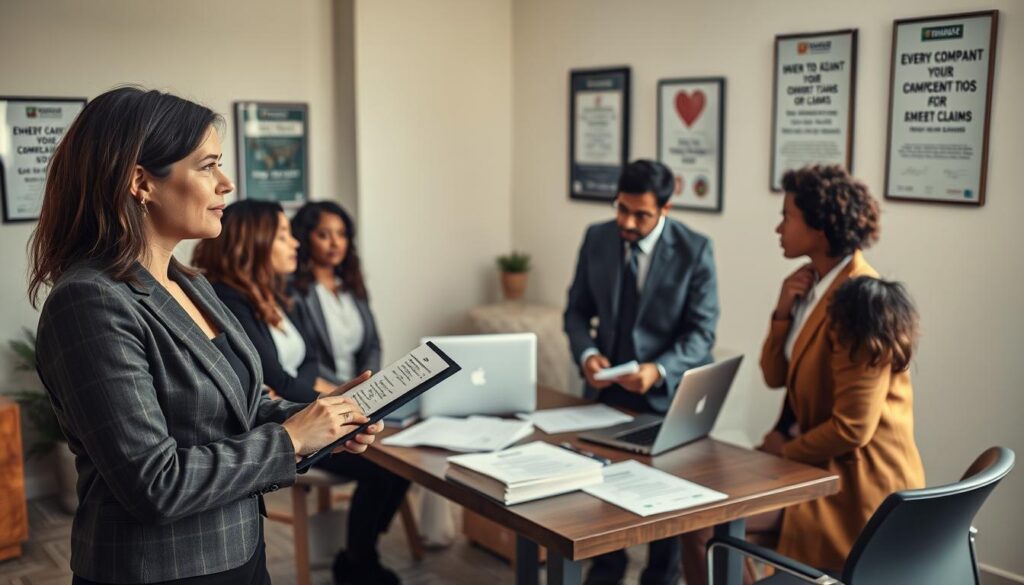 A professional office setting with a diverse group of individuals engaged in a discussion about filing a complaint regarding a car accident compensation claim. In the foreground, a woman in a smart business attire, holding a clipboard, is attentively listening. Beside her, a man in a suit is writing notes. In the middle ground, a table is covered with documents, a laptop, and legal paperwork. A window in the background lets in soft, natural light, creating a calm and focused atmosphere. The room is decorated with neutral colors, and the walls are adorned with certificates and motivational posters, emphasizing professionalism and diligence. The overall mood is serious yet constructive, reinforcing the importance of understanding the complaint process in relation to the context of insurance claims.