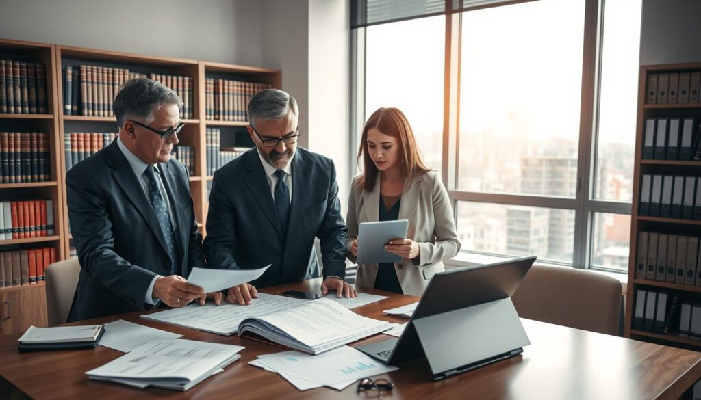A professional scene depicting a team of insurance adjusters gathered around a table, analyzing documents and assessing a car accident claim. In the foreground, two middle-aged men in business suits are discussing a detailed report, while a woman in professional attire takes notes on a laptop. In the middle ground, a large window showcases a cityscape, hinting at the bustling urban environment outside. The background features shelves filled with books on law and insurance, adding an academic touch. Soft, natural daylight filters through the window, illuminating the room with a warm glow. The atmosphere is serious and focused, reflecting the meticulous nature of the claims process in the aftermath of a road accident.