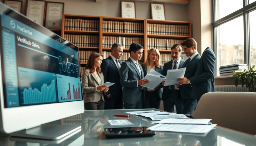 A close-up view of a professional office environment, conveying a sense of meticulousness and careful assessment. In the foreground, focus on a clear, modern desk with a computer displaying graphs and data analytics related to insurance claims. In the middle ground, a diverse group of professionals in business attire are gathered, deeply engaged in discussion, examining documents and charts that illustrate the verification process. Soft, warm lighting casts a welcoming atmosphere, while the background is filled with shelves of legal books and certificates, further emphasizing professionalism. A large window reveals a bright day outside, symbolizing transparency and diligence in the verification timeline. The overall mood is serious yet collaborative, reflecting the importance of thorough verification in the claims process.
