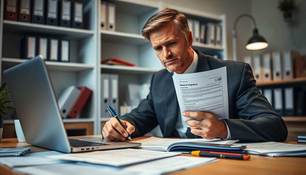 A close-up view of a professional setting depicting a claims process, featuring a well-dressed individual sitting at a desk covered with documents, pens, and a laptop open to a claims form. The person, a middle-aged professional with a focused expression, is reviewing the paperwork, surrounded by a few supportive elements like a potted plant and a coffee cup for a warm ambiance. In the background, shelves filled with binders and files hint at an organized office environment, with soft, diffused lighting creating a calm and serious atmosphere. The angle captures the determination on the individual's face while hinting at the complexity of navigating insurance claims. The mood should be one of professionalism and resolution, emphasizing the importance of the claims process. A close-up view of a professional setting depicting a claims process, featuring a well-dressed individual sitting at a desk covered with documents, pens, and a laptop open to a claims form. The person, a middle-aged professional with a focused expression, is reviewing the paperwork, surrounded by a few supportive elements like a potted plant and a coffee cup for a warm ambiance. In the background, shelves filled with binders and files hint at an organized office environment, with soft, diffused lighting creating a calm and serious atmosphere. The angle captures the determination on the individual's face while hinting at the complexity of navigating insurance claims. The mood should be one of professionalism and resolution, emphasizing the importance of the claims process.