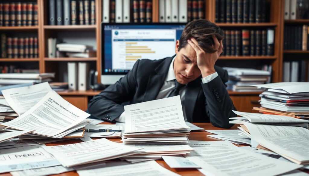 A cluttered office desk scene depicting common mistakes when applying for compensation. In the foreground, scattered papers with visible errors such as incorrect dates, missing signatures, and messy handwriting. A frustrated person in professional business attire, holding their head in their hands, is seated at the desk. In the middle, a computer screen shows a partially filled-out online application form with highlighted sections indicating errors. The background features shelves filled with legal books and binders, softly blurred to emphasize the foreground actions. The lighting is bright but slightly harsh, creating a stressful atmosphere, with a focus on the person’s expression of confusion and concern. The angle is slightly tilted to reflect the chaos of the situation. A cluttered office desk scene depicting common mistakes when applying for compensation. In the foreground, scattered papers with visible errors such as incorrect dates, missing signatures, and messy handwriting. A frustrated person in professional business attire, holding their head in their hands, is seated at the desk. In the middle, a computer screen shows a partially filled-out online application form with highlighted sections indicating errors. The background features shelves filled with legal books and binders, softly blurred to emphasize the foreground actions. The lighting is bright but slightly harsh, creating a stressful atmosphere, with a focus on the person’s expression of confusion and concern. The angle is slightly tilted to reflect the chaos of the situation.