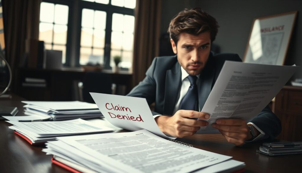 A concerned individual in a professional business suit sits at a desk cluttered with paperwork, visibly distressed while reviewing a letter with a bold header stating "Claim Denied". The foreground focuses on the person's worried facial expression, capturing the tension of facing an insurance company’s decision. In the middle ground, a stack of documents, including an insurance policy and a notepad filled with handwritten notes, suggests the complexity of the situation. The background features a dimly lit office with a high window casting soft, natural light, creating a serious yet contemplative atmosphere. The overall mood is one of urgency and determination, emphasizing the need for a timely response to the insurance decision.