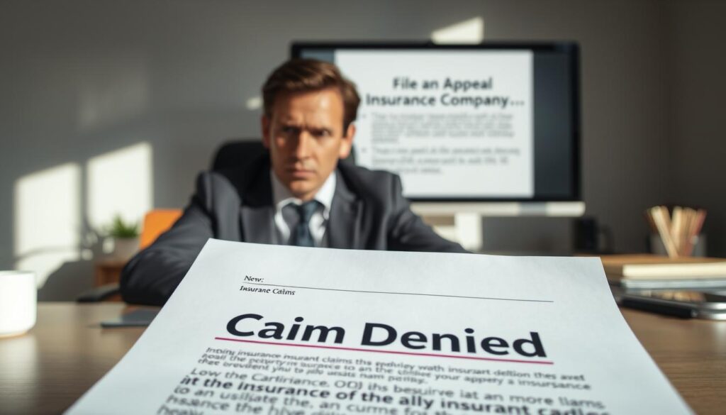 A concerned individual sitting at a desk in a well-lit office environment, studying a letter from an insurance company detailing a denied claim. In the foreground, a close-up of the letter, with visible details like "Claim Denied" stamped across it. The middle ground features the individual, a professional in business attire, showing a mix of frustration and determination. In the background, a computer screen displays information about filing an appeal, with soft, natural light illuminating the space and casting shadows that create a serious yet hopeful atmosphere. The overall mood reflects the tension of dealing with insurance claims while emphasizing resilience and the quest for justice.