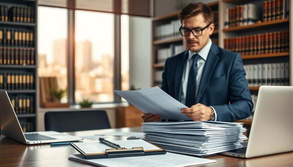 A confident compensation lawyer in a modern office setting, wearing a tailored navy suit and glasses, stands at a desk filled with legal documents and a laptop. In the foreground, a clipboard with a pen rests atop a stack of case files, symbolizing the importance of documentation in seeking higher compensation. The middle ground features the lawyer, with a focused expression, reviewing a report closely. The background reveals shelves filled with law books and a large window showcasing a city skyline under soft, natural lighting, creating a professional and serious atmosphere. The composition aims to reflect the pursuit of justice, emphasizing the legal expertise and attention to detail necessary for evaluating claims. A confident compensation lawyer in a modern office setting, wearing a tailored navy suit and glasses, stands at a desk filled with legal documents and a laptop. In the foreground, a clipboard with a pen rests atop a stack of case files, symbolizing the importance of documentation in seeking higher compensation. The middle ground features the lawyer, with a focused expression, reviewing a report closely. The background reveals shelves filled with law books and a large window showcasing a city skyline under soft, natural lighting, creating a professional and serious atmosphere. The composition aims to reflect the pursuit of justice, emphasizing the legal expertise and attention to detail necessary for evaluating claims.