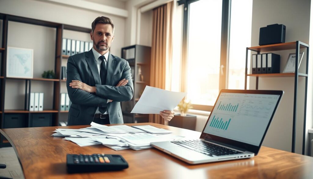 A confident insurance adjuster in professional attire stands in an office setting, examining documents related to a car accident compensation claim. The foreground features a sleek wooden desk cluttered with papers, a calculator, and a laptop displaying graphs. In the middle ground, a large window lets in soft, natural light that creates a warm and focused atmosphere, highlighting the seriousness of the task. The background shows shelves lined with reference books and case files, establishing the context of the insurance process. The scene captures a moment of determination and professionalism, emphasizing the importance of verifying insurance claims after a vehicle accident.