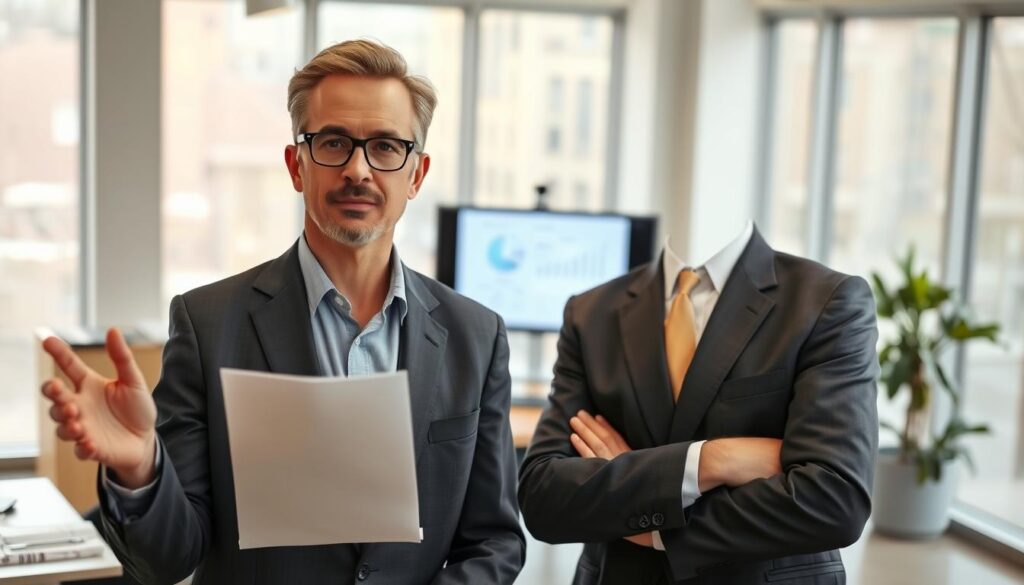 A confident, professional spokesperson for insurance, standing in an office setting. In the foreground, the spokesperson, a middle-aged Caucasian male, is dressed in a tailored business suit, holding a document in one hand and gesturing with the other as if explaining a complex issue. In the middle, a desk cluttered with papers and a computer monitor displaying charts and claims is visible, symbolizing the challenge of insurance claims. The background showcases a modern office environment with large windows, letting in soft, natural light that enhances the serious yet hopeful atmosphere. The angle is slightly tilted to emphasize the spokesperson's authoritative presence, while giving a sense of engaging dialogue about insurance claims. The overall mood is determined and professional, reflecting the theme of navigating denied claims effectively.