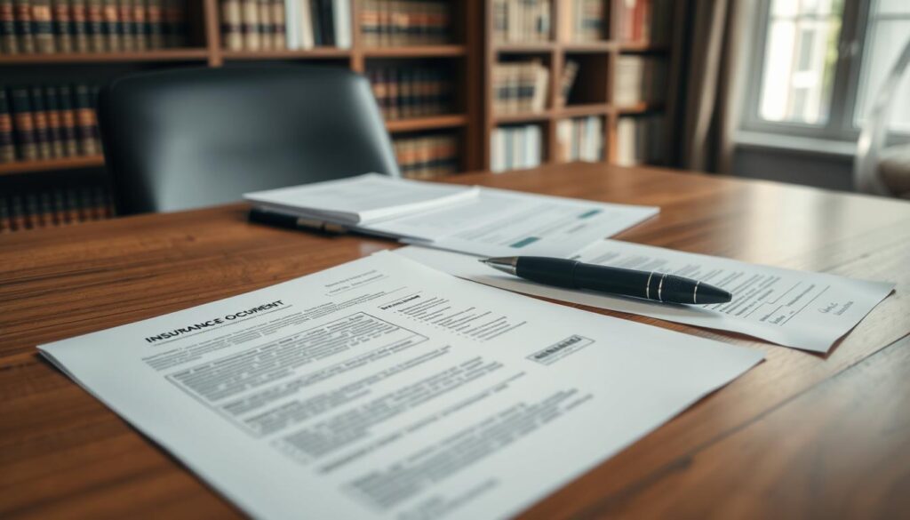 A detailed array of insurance documents spread out on a sleek wooden desk, showcasing various forms, including a claim form, policy details, and a cover letter, all neatly organized. In the foreground, a high-quality black pen lies next to the documents, emphasizing the professional nature of the task. In the middle ground, soft natural light streams in through a nearby window, illuminating the papers and creating subtle shadows that enhance the depth of the scene. The background features a blurred office setting with a bookshelf filled with legal books, adding to the professional atmosphere. The overall mood is serious and meticulous, reflecting the importance of having the correct documents for an insurance claim. The image should be clear, capturing the essence of preparedness and professionalism without any text or distractions. A detailed array of insurance documents spread out on a sleek wooden desk, showcasing various forms, including a claim form, policy details, and a cover letter, all neatly organized. In the foreground, a high-quality black pen lies next to the documents, emphasizing the professional nature of the task. In the middle ground, soft natural light streams in through a nearby window, illuminating the papers and creating subtle shadows that enhance the depth of the scene. The background features a blurred office setting with a bookshelf filled with legal books, adding to the professional atmosphere. The overall mood is serious and meticulous, reflecting the importance of having the correct documents for an insurance claim. The image should be clear, capturing the essence of preparedness and professionalism without any text or distractions.