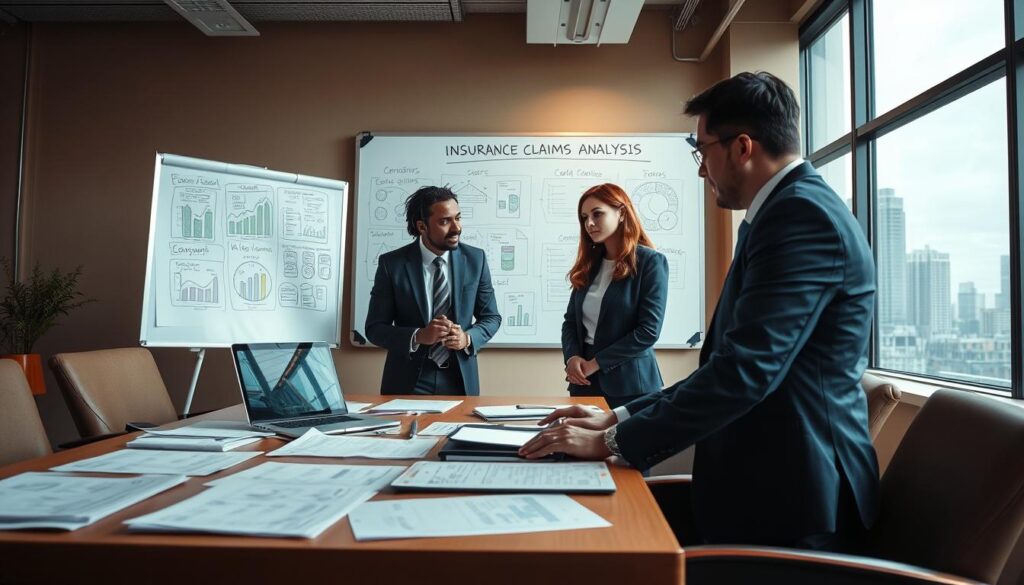 A detailed scene depicting a professional consulting environment focused on insurance claims analysis. In the foreground, a diverse team of three business professionals, dressed in smart attire, is gathered around a large conference table covered with documents and a laptop displaying charts and statistics. In the middle background, a whiteboard filled with diagrams and notes about compensation analysis is visible. The atmosphere is intense and focused, enhanced by soft, warm lighting that adds a sense of urgency. A large window allows natural light to filter in, providing a glimpse of a busy cityscape outside. The camera angle is slightly elevated, emphasizing the collaboration and discussion happening within the scene. A detailed scene depicting a professional consulting environment focused on insurance claims analysis. In the foreground, a diverse team of three business professionals, dressed in smart attire, is gathered around a large conference table covered with documents and a laptop displaying charts and statistics. In the middle background, a whiteboard filled with diagrams and notes about compensation analysis is visible. The atmosphere is intense and focused, enhanced by soft, warm lighting that adds a sense of urgency. A large window allows natural light to filter in, providing a glimpse of a busy cityscape outside. The camera angle is slightly elevated, emphasizing the collaboration and discussion happening within the scene.