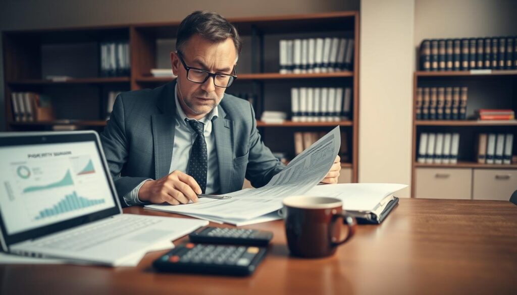 A focused scene in a modern office environment, showcasing a property appraiser examining a series of detailed reports and documents related to insurance claims. In the foreground, a middle-aged man in professional business attire, wearing glasses, scrutinizes a property assessment report at a sleek wooden desk. The middle layer features a laptop displaying data and graphs, alongside a calculator and a cup of coffee, emphasizing a meticulous working atmosphere. In the background, shelves filled with reference books on property valuation and insurance can be seen, bathed in warm, diffused lighting. The overall mood is serious and analytical, conveying the importance of accurate damage assessment in insurance claims. The image is captured with a slight depth of field, focusing crisply on the appraiser while softly blurring the background, enhancing the professional context of the work being done.