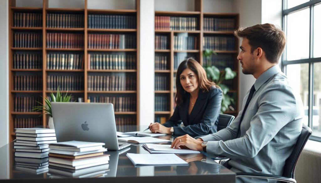 A legal consultation scene set in a modern office environment. In the foreground, a professional-looking lawyer, a middle-aged Hispanic woman in a sharp business suit, is sitting at a sleek desk with a laptop open, discussing with a client, a young Caucasian man in a smart casual outfit. They appear engaged and serious, surrounded by stacks of legal documents and a potted plant. The middle ground showcases a large bookshelf filled with law books, offering a scholarly backdrop. The background features large windows allowing natural light to flood the space, casting soft shadows and creating a warm, inviting atmosphere. The overall mood is one of professionalism, trust, and clarity, emphasizing the importance of expert legal advice.