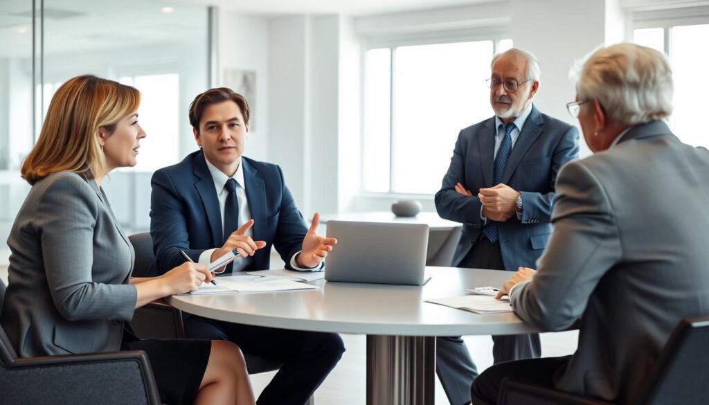 A mediation session focused on insurance disputes, featuring a diverse group of three professionals engaged in discussion. In the foreground, a middle-aged woman in smart business attire sits at a round table, actively listening and taking notes, while a young man in a navy suit gestures thoughtfully. Across from them, an older gentleman in a tailored blazer leans forward, looking engaged and offering insights. The background shows a modern, well-lit office setting with large windows letting in soft, natural light and minimalist decor. Papers and a laptop are spread across the table, reflecting a collaborative mood. The atmosphere is calm yet focused, embodying a serious yet constructive approach to resolving disputes through mediation.