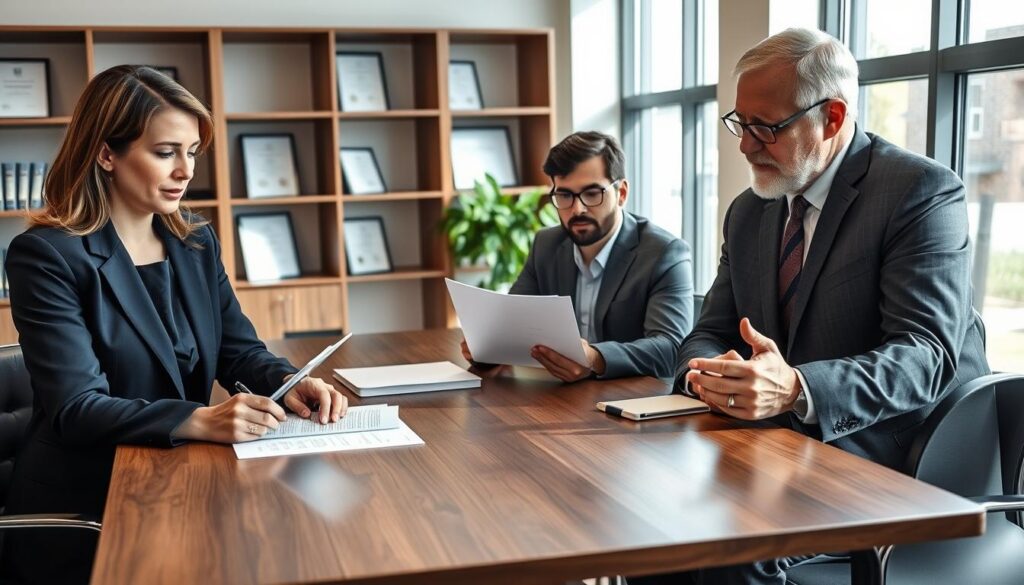 A modern and inviting legal consultation scene, featuring a diverse group of three professionals seated around a sleek, wooden conference table. In the foreground, a middle-aged woman in a tailored navy suit, taking notes on a tablet, represents an attorney. Beside her, a young man in glasses wears a grey blazer, actively looking at a legal document. The third individual, an older gentleman in a charcoal suit, gestures towards the document, deep in discussion. In the background, large windows allow natural light to flood the room, illuminating a bookshelf with legal texts and framed certificates. A potted plant adds a touch of warmth to the atmosphere, which is focused, professional, and collaborative, emphasizing the importance of legal advice in addressing compensation concerns. A modern and inviting legal consultation scene, featuring a diverse group of three professionals seated around a sleek, wooden conference table. In the foreground, a middle-aged woman in a tailored navy suit, taking notes on a tablet, represents an attorney. Beside her, a young man in glasses wears a grey blazer, actively looking at a legal document. The third individual, an older gentleman in a charcoal suit, gestures towards the document, deep in discussion. In the background, large windows allow natural light to flood the room, illuminating a bookshelf with legal texts and framed certificates. A potted plant adds a touch of warmth to the atmosphere, which is focused, professional, and collaborative, emphasizing the importance of legal advice in addressing compensation concerns.