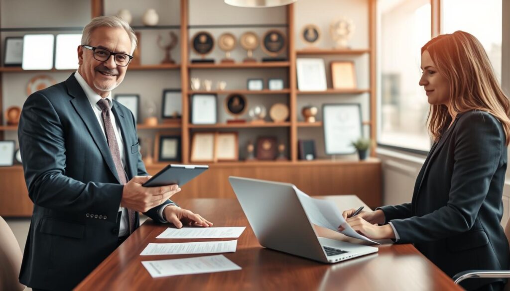 A professional business meeting scene, showcasing a negotiation between an insurance representative and a customer. In the foreground, depict two individuals in smart business attire: a middle-aged male insurance agent, with glasses and a friendly expression, holding a tablet, and a woman in her 30s with a confident demeanor, reviewing insurance documents. In the middle, an elegant wooden table filled with paperwork and a laptop, symbolizing the negotiation process. In the background, softly blurred shelves lined with insurance awards and certificates, creating a corporate atmosphere. Natural light filters in through large windows, casting a warm glow, enhancing the image's serious yet hopeful mood, reflective of the importance of discussing claims and settlements. A professional business meeting scene, showcasing a negotiation between an insurance representative and a customer. In the foreground, depict two individuals in smart business attire: a middle-aged male insurance agent, with glasses and a friendly expression, holding a tablet, and a woman in her 30s with a confident demeanor, reviewing insurance documents. In the middle, an elegant wooden table filled with paperwork and a laptop, symbolizing the negotiation process. In the background, softly blurred shelves lined with insurance awards and certificates, creating a corporate atmosphere. Natural light filters in through large windows, casting a warm glow, enhancing the image's serious yet hopeful mood, reflective of the importance of discussing claims and settlements.