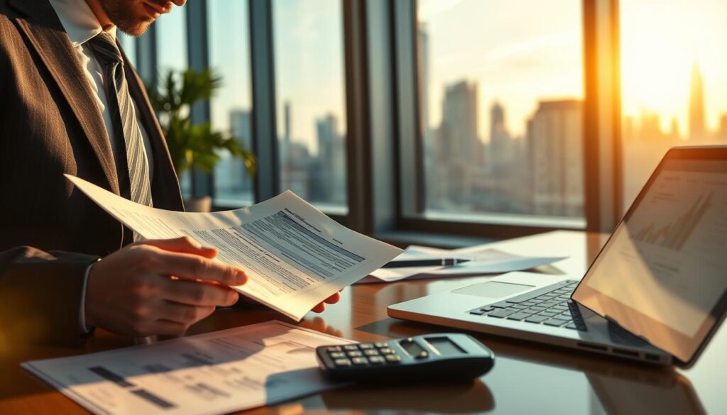 A professional business setting illustrating the complex relationship between insurance compensation and claim processes. In the foreground, a focused insurance agent in smart business attire reviews a claim document with a calculator nearby, reflecting diligence and concern. In the middle ground, there’s a partially visible desk adorned with insurance brochures and a laptop displaying graphs related to compensation amounts. The background features a large window showing a city skyline, symbolizing the broader financial implications, with warm sunlight filtering in, creating an inviting atmosphere. The overall mood conveys a sense of urgency and professionalism, emphasizing the significance of insurers in the compensation process. A professional business setting illustrating the complex relationship between insurance compensation and claim processes. In the foreground, a focused insurance agent in smart business attire reviews a claim document with a calculator nearby, reflecting diligence and concern. In the middle ground, there’s a partially visible desk adorned with insurance brochures and a laptop displaying graphs related to compensation amounts. The background features a large window showing a city skyline, symbolizing the broader financial implications, with warm sunlight filtering in, creating an inviting atmosphere. The overall mood conveys a sense of urgency and professionalism, emphasizing the significance of insurers in the compensation process.