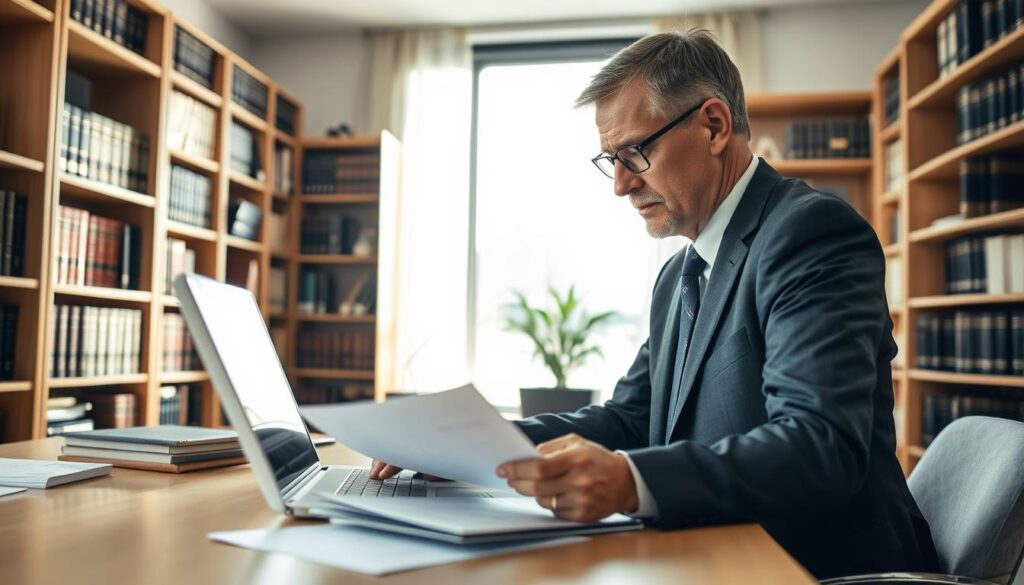 A professional compensation specialist in an office setting, deeply engaged in analyzing case documents related to a car accident. The foreground features the specialist, a middle-aged person dressed in a smart business attire, focused and attentive, with a laptop opened and papers spread out on the desk. The middle ground showcases a well-organized office with bookshelves filled with legal texts and accident case studies. In the background, a large window allows soft, natural daylight to illuminate the room, creating a warm and inviting atmosphere. The overall mood is one of dedication and professionalism, capturing the essence of the claim processing role. The camera angle is slightly above eye level, emphasizing the specialist's concentration and the organized workspace.