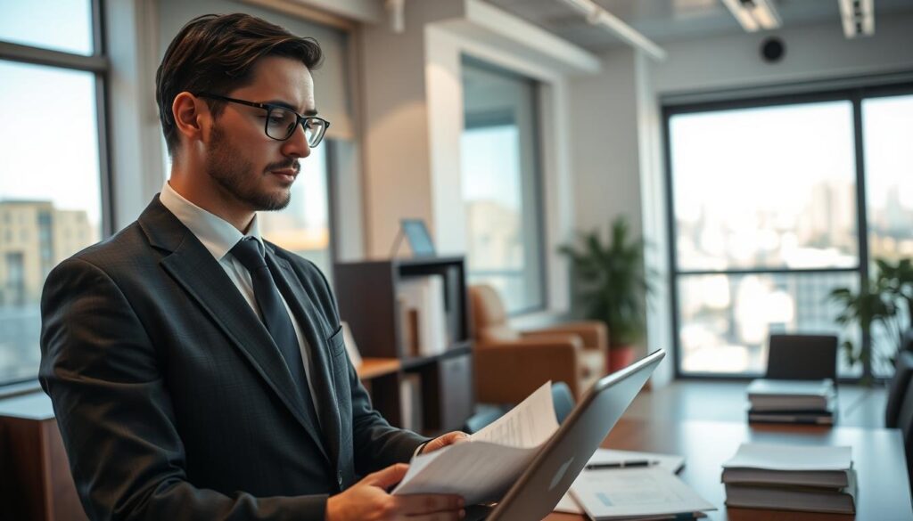 A professional compensation specialist standing confidently in an office environment, dressed in a smart business suit, is engaged in a thoughtful conversation over a laptop. The foreground showcases the specialist with a focused expression, as they review documents regarding insurance claims. In the middle ground, a well-organized workspace is visible, featuring legal books, documents, and a window letting in natural light, illuminating the scene. The background reveals an urban setting outside, indicating a bustling city. The lighting is warm and inviting, creating a sense of trust and professionalism. The overall atmosphere conveys authority and expertise in legal matters related to compensation claims. The angle is slightly from above, highlighting both the specialist and the workspace. A professional compensation specialist standing confidently in an office environment, dressed in a smart business suit, is engaged in a thoughtful conversation over a laptop. The foreground showcases the specialist with a focused expression, as they review documents regarding insurance claims. In the middle ground, a well-organized workspace is visible, featuring legal books, documents, and a window letting in natural light, illuminating the scene. The background reveals an urban setting outside, indicating a bustling city. The lighting is warm and inviting, creating a sense of trust and professionalism. The overall atmosphere conveys authority and expertise in legal matters related to compensation claims. The angle is slightly from above, highlighting both the specialist and the workspace.