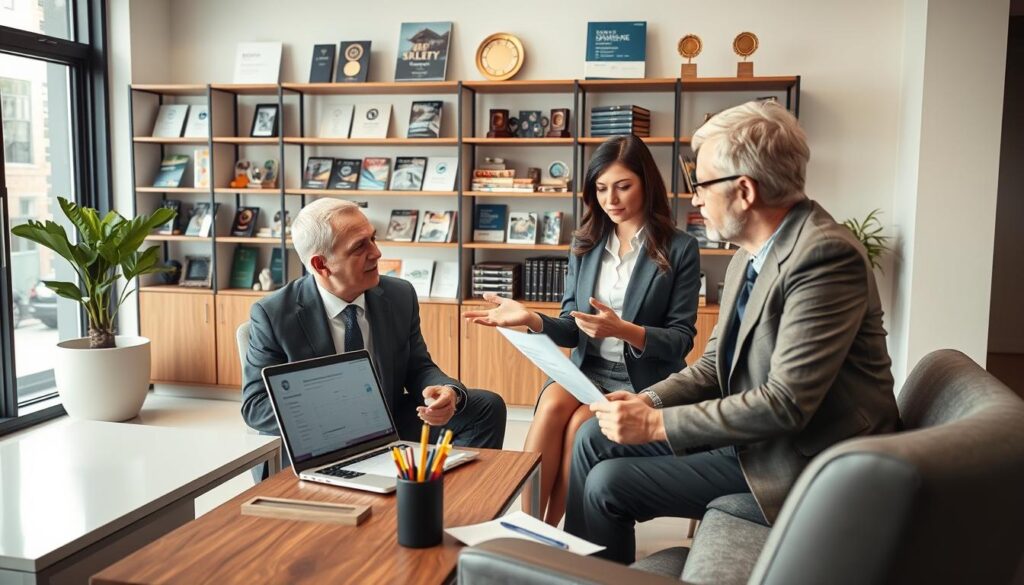 A professional consultation between a client and an insurance expert in a modern office setting. In the foreground, a middle-aged man in a tailored suit sits at a sleek desk, attentively listening to a female insurance agent, who is dressed in business attire. She gestures toward a laptop displaying claims documents. In the middle, a coffee table with notepads and pens, suggesting an organized workspace. The background features shelves filled with insurance brochures and awards, with large windows letting in natural light, creating a bright and welcoming atmosphere. The mood is focused and collaborative, emphasizing a serious yet approachable discussion about insurance claims. Use a soft focus lens effect to highlight the interaction. A professional consultation between a client and an insurance expert in a modern office setting. In the foreground, a middle-aged man in a tailored suit sits at a sleek desk, attentively listening to a female insurance agent, who is dressed in business attire. She gestures toward a laptop displaying claims documents. In the middle, a coffee table with notepads and pens, suggesting an organized workspace. The background features shelves filled with insurance brochures and awards, with large windows letting in natural light, creating a bright and welcoming atmosphere. The mood is focused and collaborative, emphasizing a serious yet approachable discussion about insurance claims. Use a soft focus lens effect to highlight the interaction.