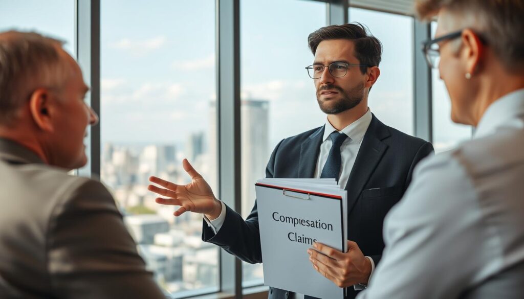 A professional insurance advisor in smart business attire gestures confidently while discussing with a concerned client in a modern office setting. The advisor holds a folder labeled "Compensation Claims," filled with documents. In the background, a large window reveals a bustling cityscape, suggesting a sense of optimism and professionalism. Soft, natural light filters through the window, casting gentle shadows and creating an inviting atmosphere. The scene is framed with a slight depth of field, focusing on the advisor and the client while blurring the distant city view. The overall mood conveys trust, expertise, and the importance of seeking professional help in navigating insurance claims after an accident.