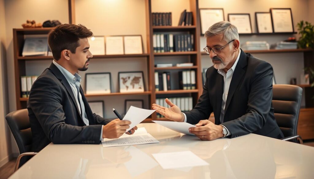 A professional insurance advisor sits at a sleek, modern desk in a well-lit office, engaged in a conversation with a client. The advisor, a middle-aged individual in a tailored suit, holds a pen and gestures confidently, illustrating points on a document. The client, a young adult in smart casual attire, listens attentively while reviewing a printed insurance policy. Bookshelves filled with insurance literature and certificates decorate the background, adding an air of expertise. Soft, warm lighting creates a welcoming atmosphere, accentuating the professionalism of the setting. The lens captures the scene from a slightly elevated angle, emphasizing the interaction and fostering a sense of trust and collaboration in the insurance claims process.