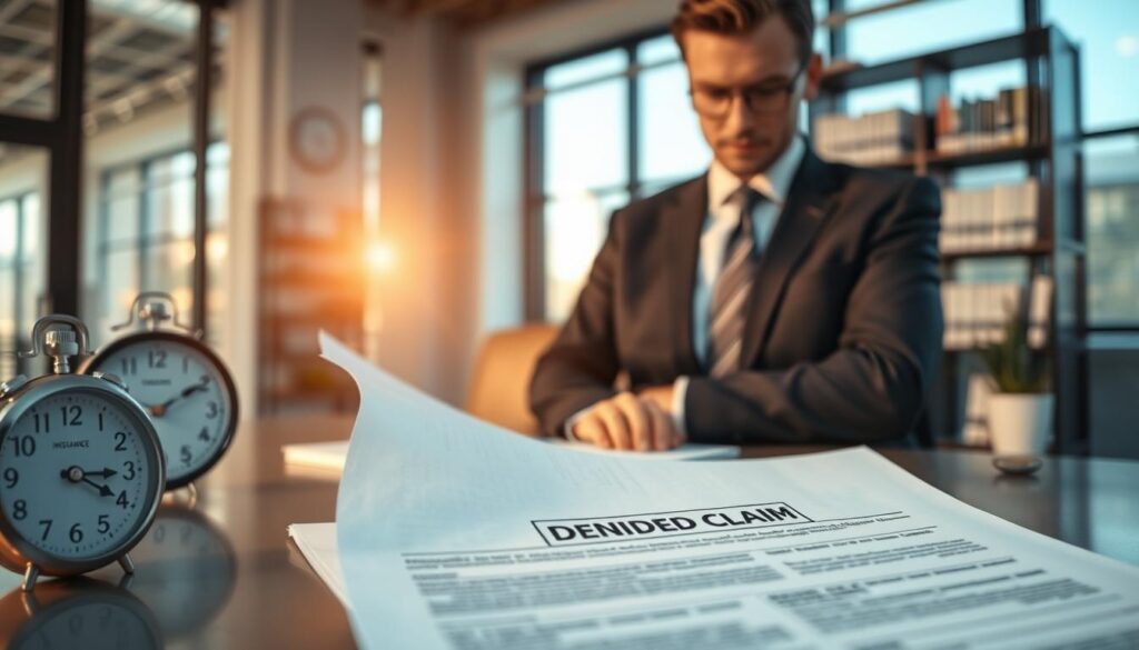 A professional insurance agent in a business suit, standing confidently at a sleek desk, reviewing paperwork with a concerned expression. In the foreground, detailed close-up of the insurance documents with a denied claim prominently displayed. The middle ground features a modern office setting with a clock showing late afternoon, soft natural light filtering through large windows casting warm shadows. In the background, blurred bookshelves filled with insurance-related texts and a potted plant adding a touch of greenery. The atmosphere conveys tension and frustration, reflecting the challenges faced by clients in dealing with compromised claims, emphasizing a sense of urgency and professionalism. The composition focuses on clarity and depth, with a shallow depth of field to highlight the agent and the documents.
