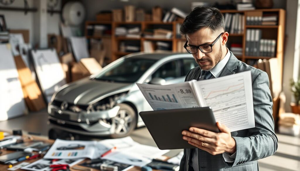 A professional insurance appraiser in the midst of the compensation evaluation process. In the foreground, a focused individual in a tailored suit, examining detailed vehicle damage reports with a laptop open, showcasing graphs and figures. In the middle ground, a slightly damaged car is parked under soft natural lighting, emphasizing its dents and scratches. Surrounding the car are various tools and photographs of previous damage assessments, creating an atmosphere of thorough investigation. In the background, a cluttered office space is visible with shelves filled with reference books and case files, enhancing the professional setting. The overall mood is serious and analytical, capturing the critical role of an appraiser in assessing true damages for compensation claims. The image should be well-lit, with a balanced composition that highlights the appraiser’s dedication to their work.