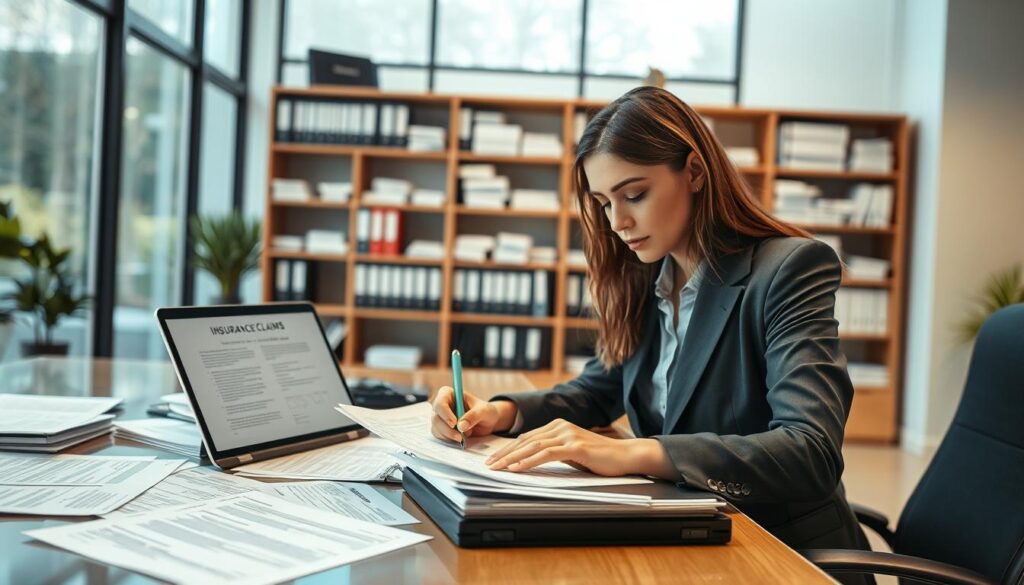 A professional insurance claims office interior, showcasing a detailed and organized workspace. In the foreground, a meticulously arranged desk with a laptop displaying insurance forms and documents related to claims. A focused female insurance adjuster in professional business attire, analyzing paperwork and making notes. In the middle ground, shelves filled with folders and books about insurance policies and regulations, symbolizing changes in the law. The background features large windows letting in natural light, creating an inviting atmosphere. Use a soft focus on the background to emphasize the adjuster’s task. The lighting is bright but warm, conveying a sense of professionalism and efficiency, while maintaining a calm, reassuring atmosphere.
