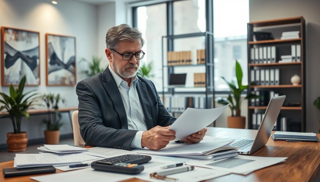 A professional insurance expert analyzing compensation claims in a well-lit office setting. In the foreground, a focused middle-aged man in a sharp suit studies documents on a desk cluttered with papers, a calculator, and a laptop. In the middle, a large window adds natural light, illuminating a bookshelf filled with legal texts and case files. The background features a modern office environment with abstract art on the walls and potted plants for a welcoming touch. Use a soft focus on the background to emphasize the expert's concentration on the task. The mood should be serious yet approachable, conveying dedication and professionalism in the field of compensation analysis. A professional insurance expert analyzing compensation claims in a well-lit office setting. In the foreground, a focused middle-aged man in a sharp suit studies documents on a desk cluttered with papers, a calculator, and a laptop. In the middle, a large window adds natural light, illuminating a bookshelf filled with legal texts and case files. The background features a modern office environment with abstract art on the walls and potted plants for a welcoming touch. Use a soft focus on the background to emphasize the expert's concentration on the task. The mood should be serious yet approachable, conveying dedication and professionalism in the field of compensation analysis.