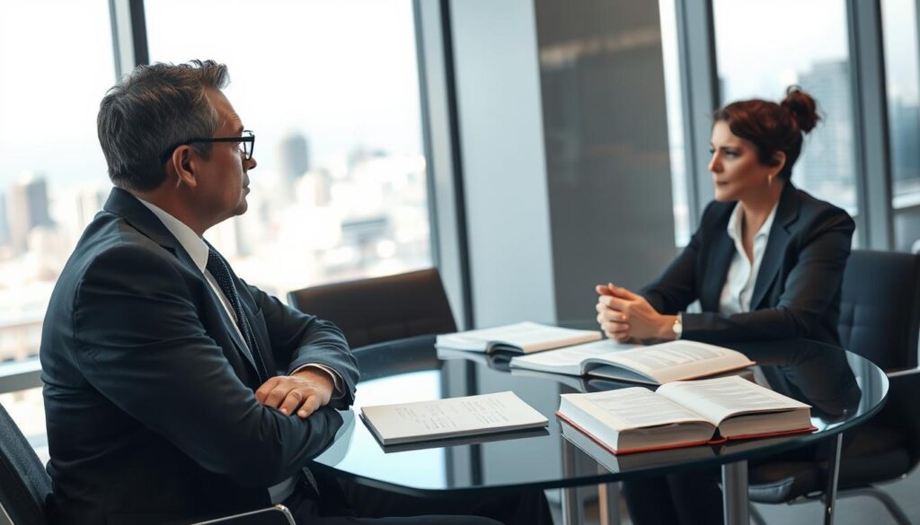 A professional legal consultation scene inside a modern office. In the foreground, a well-dressed lawyer, in a tailored navy suit with glasses, is engaged in a serious conversation with a client, sitting across a sleek glass table. The client, in business casual attire, appears attentive and concerned. In the middle ground, there are legal books and documents spread out on the table, emphasizing the consultation theme. The background features a large window with soft natural light streaming in, highlighting a city skyline, creating a professional and optimistic atmosphere. The focus is sharp on the subjects, with a soft bokeh effect on the background to maintain attention on the interaction. The overall mood is serious yet approachable, reflecting an expert consultation environment.