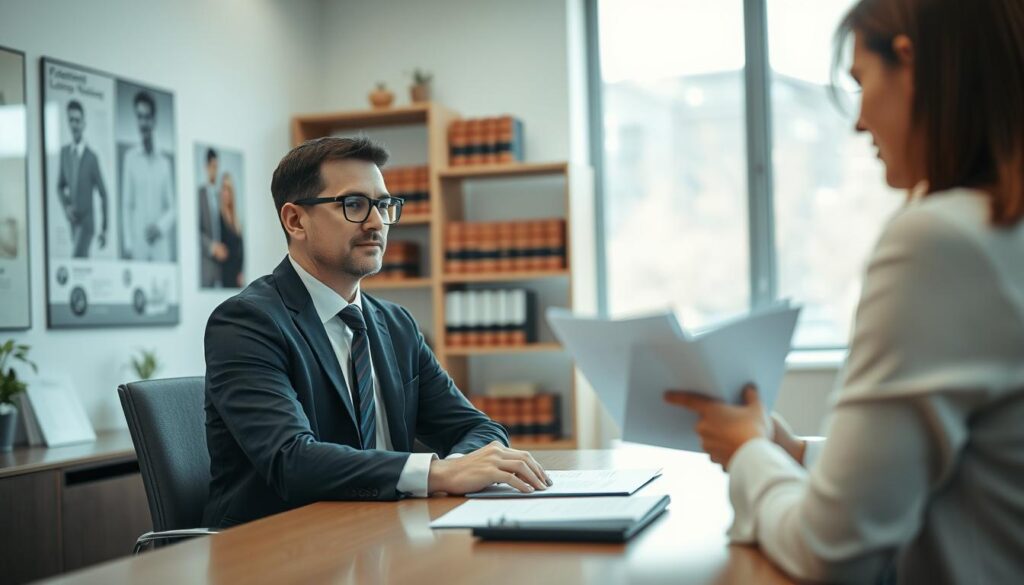 A professional legal consultation scene set in a modern office environment. In the foreground, a well-dressed lawyer with glasses, seated at a sleek desk, is attentively listening to a client. The client, dressed in smart casual attire, appears engaged, holding documents related to a road accident. The middle background features shelves filled with law books and a large window letting in soft, natural light, casting gentle shadows. The atmosphere is serious yet supportive, reflecting the importance of legal guidance. Use a shallow depth of field to focus sharply on the characters, while softly blurring the background. Bright, warm lighting enhances the welcoming ambiance, suggesting a place where clients feel comfortable seeking advice. A professional legal consultation scene set in a modern office environment. In the foreground, a well-dressed lawyer with glasses, seated at a sleek desk, is attentively listening to a client. The client, dressed in smart casual attire, appears engaged, holding documents related to a road accident. The middle background features shelves filled with law books and a large window letting in soft, natural light, casting gentle shadows. The atmosphere is serious yet supportive, reflecting the importance of legal guidance. Use a shallow depth of field to focus sharply on the characters, while softly blurring the background. Bright, warm lighting enhances the welcoming ambiance, suggesting a place where clients feel comfortable seeking advice.