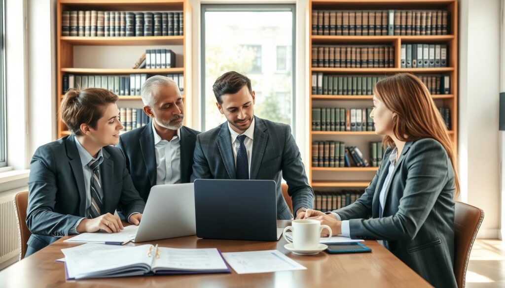 A professional legal consultation scene set in a modern office environment. In the foreground, a diverse group of three people—two adults in business attire and one in smart casual clothing—are engaged in a serious discussion around a table filled with legal documents, a laptop, and a cup of coffee. The middle area features a large window allowing natural light to flood the room, casting soft shadows and creating a warm atmosphere. Bookshelves filled with legal texts and case files form the background, enhancing the professional setting. The mood is focused and collaborative, conveying a sense of support and guidance in navigating legal challenges. The image is lit with bright daylight, captured from a slightly angled perspective to emphasize the engaged expressions of the individuals. A professional legal consultation scene set in a modern office environment. In the foreground, a diverse group of three people—two adults in business attire and one in smart casual clothing—are engaged in a serious discussion around a table filled with legal documents, a laptop, and a cup of coffee. The middle area features a large window allowing natural light to flood the room, casting soft shadows and creating a warm atmosphere. Bookshelves filled with legal texts and case files form the background, enhancing the professional setting. The mood is focused and collaborative, conveying a sense of support and guidance in navigating legal challenges. The image is lit with bright daylight, captured from a slightly angled perspective to emphasize the engaged expressions of the individuals.