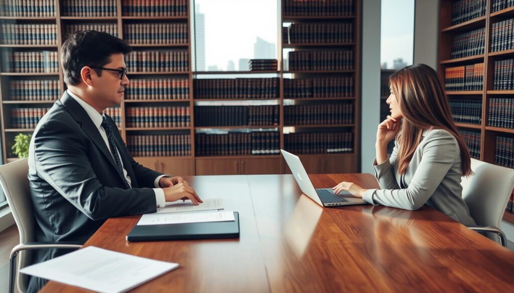 A professional legal consultation scene set in a modern office. In the foreground, a well-dressed lawyer, a middle-aged man with short dark hair and glasses, is attentively listening to a client, a young woman in business attire, seated across a polished wooden table. The table is adorned with legal documents and a laptop. In the middle ground, a large bookshelf filled with law books adds depth, while a window reveals a city skyline, casting soft afternoon light into the room. The mood is calm and serious, reflecting a constructive discussion about legal matters, with a focus on professionalism and expertise. A professional legal consultation scene set in a modern office. In the foreground, a well-dressed lawyer, a middle-aged man with short dark hair and glasses, is attentively listening to a client, a young woman in business attire, seated across a polished wooden table. The table is adorned with legal documents and a laptop. In the middle ground, a large bookshelf filled with law books adds depth, while a window reveals a city skyline, casting soft afternoon light into the room. The mood is calm and serious, reflecting a constructive discussion about legal matters, with a focus on professionalism and expertise.