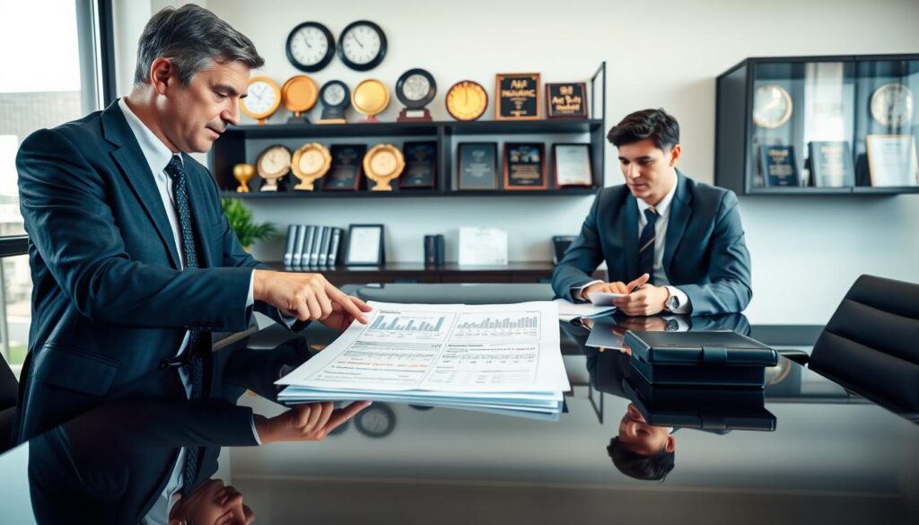 A professional, modern office setting where two business professionals are engaged in a discussion over a detailed insurance claim report. In the foreground, one person, in a smart business suit, points at a document spread out on a glossy conference table, highlighting specific figures. The second person, dressed in business casual attire, is taking notes while looking thoughtfully at the report. In the middle ground, shelves filled with industry awards and references to auto insurance can be seen, conveying credibility. The background features a large window with natural light streaming in, illuminating the scene, creating a bright and focused atmosphere. The mood is one of professionalism and determination, emphasizing the importance of accurately assessing insurance compensation values.