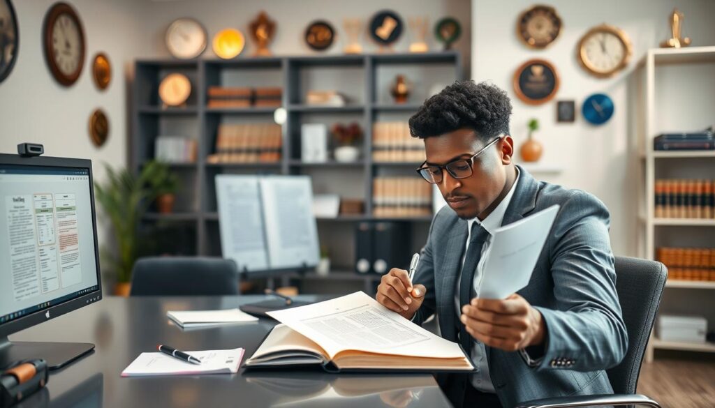 A professional office environment depicting a scene of a thoughtful individual reviewing a formal letter of appeal against a decision. In the foreground, a diverse person in business attire sits at a sleek desk, examining the document with a pen in hand, showing determination. In the middle, a computer displays open legal documents and a notebook filled with annotations, symbolizing research and strategy. The background features a softly lit office space with bookshelves filled with law books and various awards on the wall, conveying a sense of professionalism. Natural lighting filters through a window, adding warmth and creating a focused atmosphere. The mood is serious yet optimistic, emphasizing the importance of seeking justice and fair compensation.