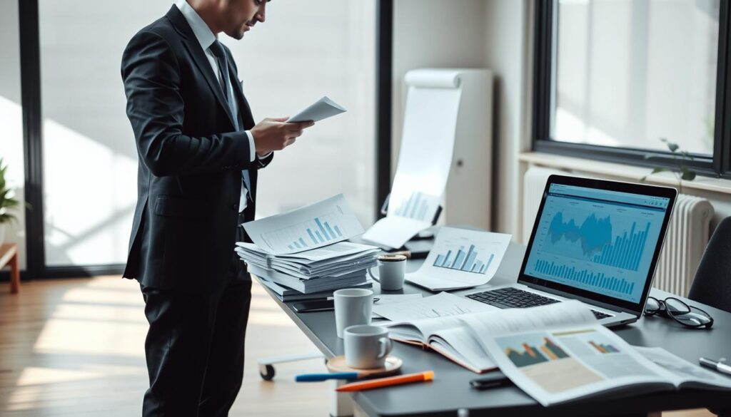 A professional office environment focused on insurance claims analysis. In the foreground, a business professional in smart attire examines a stack of documents and a laptop displaying graphs and charts representing insurance payouts. In the middle ground, an adjustable office desk is cluttered with notes, a coffee cup, and an open insurance policy brochure. The background features a large window with soft natural light streaming in, casting gentle shadows across the room. The overall mood is contemplative and analytical, suggesting a critical examination of insurance decision-making. Emphasize clarity and organization in the arrangement of the workspace while maintaining a focus on the documents and data being analyzed. A professional office environment focused on insurance claims analysis. In the foreground, a business professional in smart attire examines a stack of documents and a laptop displaying graphs and charts representing insurance payouts. In the middle ground, an adjustable office desk is cluttered with notes, a coffee cup, and an open insurance policy brochure. The background features a large window with soft natural light streaming in, casting gentle shadows across the room. The overall mood is contemplative and analytical, suggesting a critical examination of insurance decision-making. Emphasize clarity and organization in the arrangement of the workspace while maintaining a focus on the documents and data being analyzed.