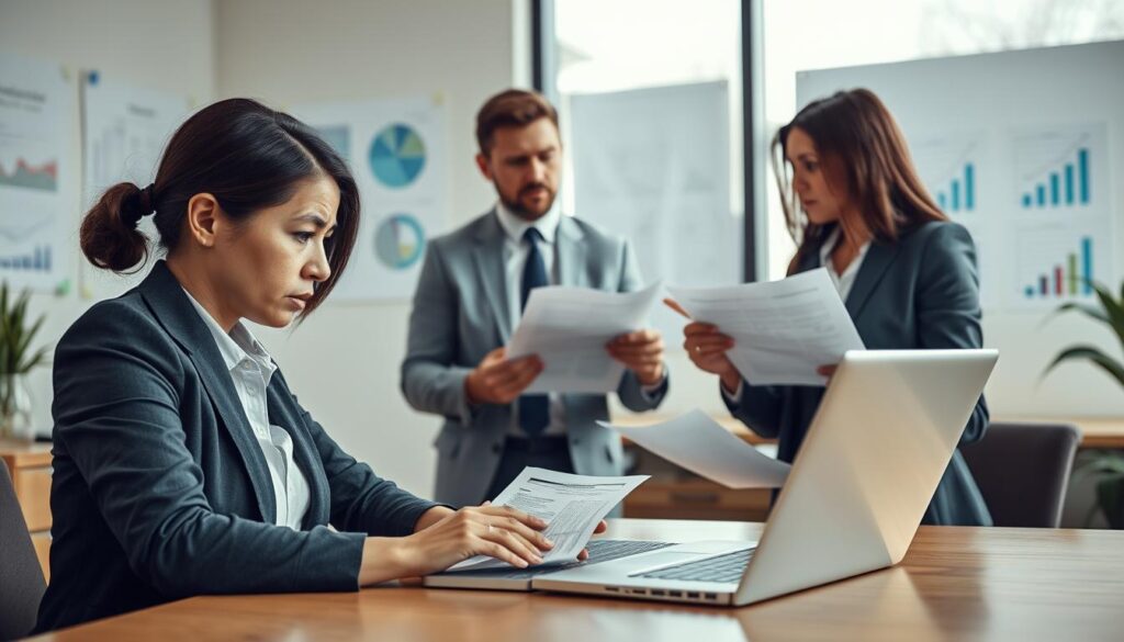 A professional office environment focusing on a client meeting about reporting an insurance claim. In the foreground, a businesswoman in professional attire, looking frustrated as she stares at a laptop screen displaying a confusing insurance form. In the middle, two colleagues, one male and one female, are discussing with concerned expressions, holding paperwork and gesturing to highlight misunderstandings in the process. In the background, office decor includes charts and graphs relating to insurance claims, soft-focused to emphasize the foreground. The lighting is bright but soft, resembling natural daylight from a large window, creating a serious yet encouraging atmosphere. The overall mood conveys the tension and challenges clients face while navigating the complexities of filing an insurance claim. A professional office environment focusing on a client meeting about reporting an insurance claim. In the foreground, a businesswoman in professional attire, looking frustrated as she stares at a laptop screen displaying a confusing insurance form. In the middle, two colleagues, one male and one female, are discussing with concerned expressions, holding paperwork and gesturing to highlight misunderstandings in the process. In the background, office decor includes charts and graphs relating to insurance claims, soft-focused to emphasize the foreground. The lighting is bright but soft, resembling natural daylight from a large window, creating a serious yet encouraging atmosphere. The overall mood conveys the tension and challenges clients face while navigating the complexities of filing an insurance claim.