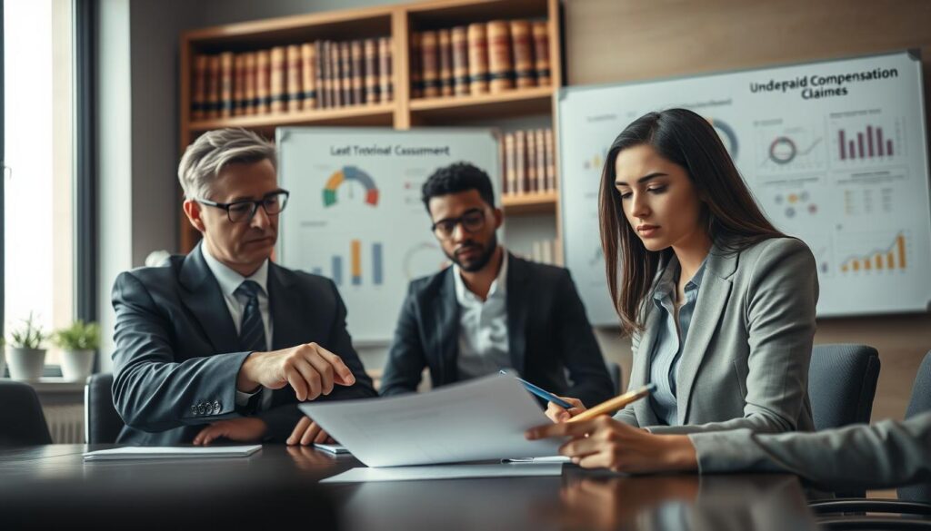 A professional office environment showcasing a diverse group of business people discussing claims in a meeting room. In the foreground, a middle-aged man in a sharp suit points at a document on the table, while a woman in professional attire takes notes, her expression serious. The middle layer features a large glass window, allowing soft, natural lighting to fill the space and highlighting the somber mood of the discussion. Behind them, a whiteboard displays charts and infographics related to compensation assessments. The background has a bookshelf filled with legal books, emphasizing the serious nature of the topic, while the overall atmosphere feels tense and focused on the concept of underpaid compensation cases. A professional office environment showcasing a diverse group of business people discussing claims in a meeting room. In the foreground, a middle-aged man in a sharp suit points at a document on the table, while a woman in professional attire takes notes, her expression serious. The middle layer features a large glass window, allowing soft, natural lighting to fill the space and highlighting the somber mood of the discussion. Behind them, a whiteboard displays charts and infographics related to compensation assessments. The background has a bookshelf filled with legal books, emphasizing the serious nature of the topic, while the overall atmosphere feels tense and focused on the concept of underpaid compensation cases.