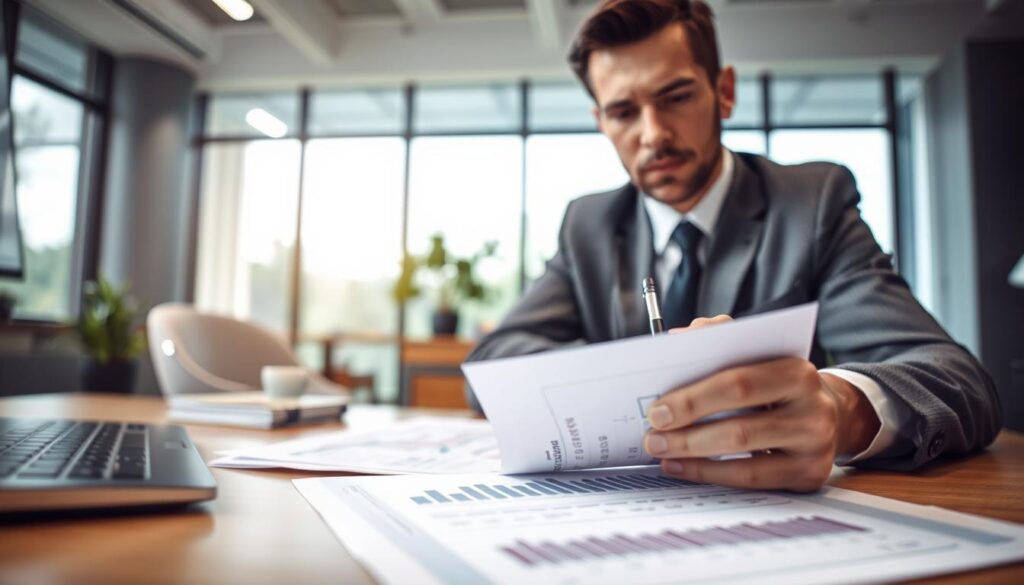 A professional office environment showcasing a well-lit scene where a businessperson, dressed in formal attire, is reviewing documents related to insurance compensation claims at a desk. The foreground features a close-up of the documents, which display numerical figures and graphs, representing the process of checking compensation amounts. In the middle ground, the person is focused, with a contemplative expression, perhaps pointing at a specific figure with a pen. The background reveals a modern office setting with a calming color palette, soft natural lighting streaming through large windows, creating an atmosphere of diligence and professionalism. The composition is framed from a slightly elevated angle to capture both the individual and the documents effectively, emphasizing the significant theme of insurance claims review. A professional office environment showcasing a well-lit scene where a businessperson, dressed in formal attire, is reviewing documents related to insurance compensation claims at a desk. The foreground features a close-up of the documents, which display numerical figures and graphs, representing the process of checking compensation amounts. In the middle ground, the person is focused, with a contemplative expression, perhaps pointing at a specific figure with a pen. The background reveals a modern office setting with a calming color palette, soft natural lighting streaming through large windows, creating an atmosphere of diligence and professionalism. The composition is framed from a slightly elevated angle to capture both the individual and the documents effectively, emphasizing the significant theme of insurance claims review.