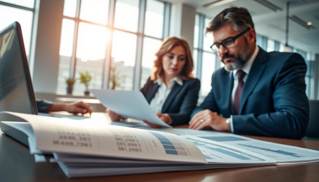 A professional office scene depicting a well-dressed businesswoman and businessman engaged in a serious discussion over a table filled with documents and a laptop. The foreground features a close-up of the documents, showing charts and figures related to insurance claims and compensation amounts. In the middle background, a modern office environment, with large windows allowing natural light to flood in, creating a bright yet focused atmosphere. The lighting accentuates the expressions of determination and concern on the faces of the individuals as they strategize about appealing an insurance decision. The angle is slightly above eye level, providing a clear view of the participants' engaged demeanor. The overall mood is serious and contemplative, reflecting the importance of the topic discussed. A professional office scene depicting a well-dressed businesswoman and businessman engaged in a serious discussion over a table filled with documents and a laptop. The foreground features a close-up of the documents, showing charts and figures related to insurance claims and compensation amounts. In the middle background, a modern office environment, with large windows allowing natural light to flood in, creating a bright yet focused atmosphere. The lighting accentuates the expressions of determination and concern on the faces of the individuals as they strategize about appealing an insurance decision. The angle is slightly above eye level, providing a clear view of the participants' engaged demeanor. The overall mood is serious and contemplative, reflecting the importance of the topic discussed.