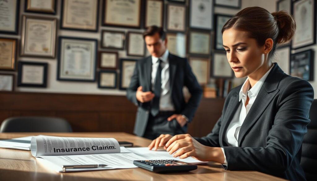 A professional office scene depicting an insurance dispute. In the foreground, a focused businesswoman in a smart suit is seen sitting at a desk, reviewing documents with a concerned expression. On the desk, an open file marked 'Insurance Claim' and a calculator. In the middle, a blurred view of a male colleague in formal attire standing, discussing the situation with her, gesturing towards the paperwork. In the background, a wall filled with framed certificates and awards, suggesting a reputable insurance company office. Soft, natural light illuminates the room through a window, creating a serious yet hopeful atmosphere, highlighting the importance of resolving the insurance claim challenge effectively. The composition should emphasize professionalism and determination.