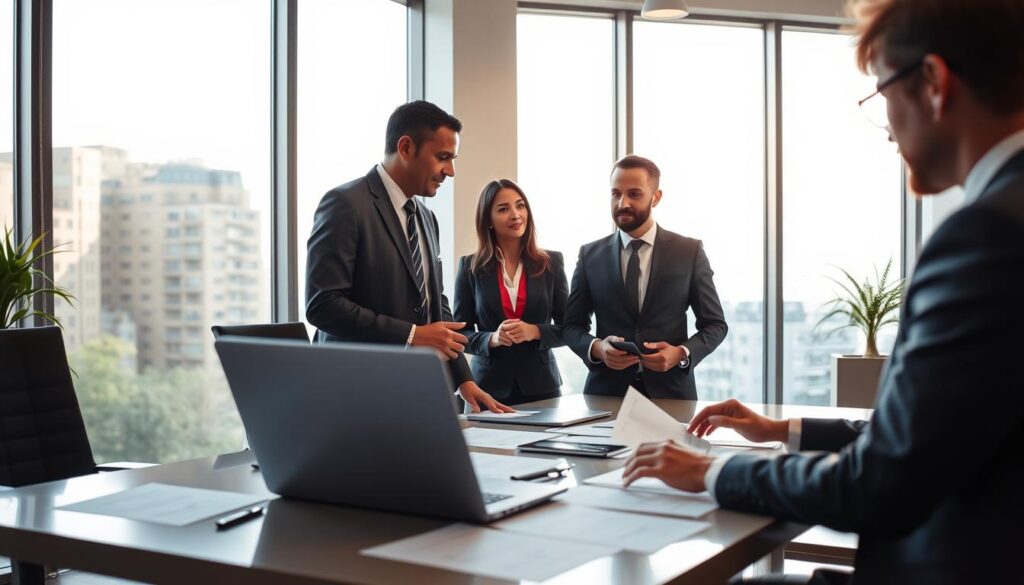 A professional office scene featuring legal experts discussing compensation matters. In the foreground, a diverse group of three individuals—two men and one woman—are dressed in smart business attire, engaged in a serious conversation. The middle ground showcases a sleek conference table littered with legal documents and a laptop, emphasizing their work. In the background, large windows allow natural light to flood the room, creating a bright, focused atmosphere. The lighting is warm and soft, enhancing a feeling of collaboration and professionalism. The camera angle is slightly elevated, providing a comprehensive view of the experts in action, reflecting the importance of consulting a specialist for compensation issues. The overall mood conveys seriousness, expertise, and dedication.