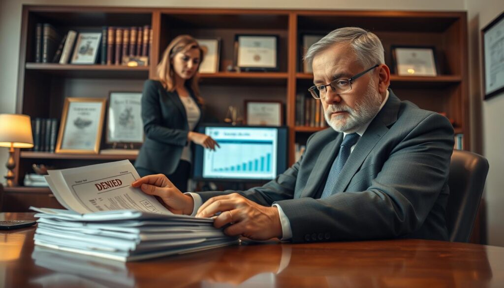 A professional office setting conveying a sense of seriousness and contemplation. In the foreground, a middle-aged man in a tailored suit is seated at a polished wooden desk, looking intently at a stack of paperwork, including a claim form with a visible “Denied” stamp. His expression displays concern and determination. In the middle ground, a woman in business attire stands by the desk, pointing at a computer screen displaying a chart that compares compensation amounts. The background is softly blurred, revealing shelves filled with legal books and framed certificates. The lighting is warm and focused, creating an atmosphere of hope and introspection, hinting at the decision-making process regarding filing an appeal. The camera angle is at eye level, emphasizing the subjects and their engaged interaction.