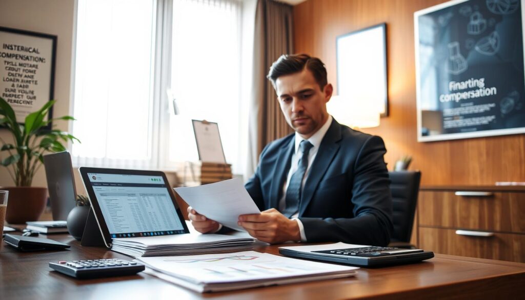 A professional office setting focused on material damage compensation claims. In the foreground, a neatly organized table with a stack of insurance claim papers, a calculator, and a laptop displaying a financial spreadsheet. In the middle ground, a business professional dressed in a smart suit is reviewing documents, their expression serious and focused. In the background, a large window lets in natural light, illuminating the office with a warm, inviting glow. The walls are adorned with framed certificates and motivational posters about financial security and protection. The overall atmosphere conveys a sense of diligence and professionalism, emphasizing the importance of handling material damage compensation with care and expertise. A professional office setting focused on material damage compensation claims. In the foreground, a neatly organized table with a stack of insurance claim papers, a calculator, and a laptop displaying a financial spreadsheet. In the middle ground, a business professional dressed in a smart suit is reviewing documents, their expression serious and focused. In the background, a large window lets in natural light, illuminating the office with a warm, inviting glow. The walls are adorned with framed certificates and motivational posters about financial security and protection. The overall atmosphere conveys a sense of diligence and professionalism, emphasizing the importance of handling material damage compensation with care and expertise.