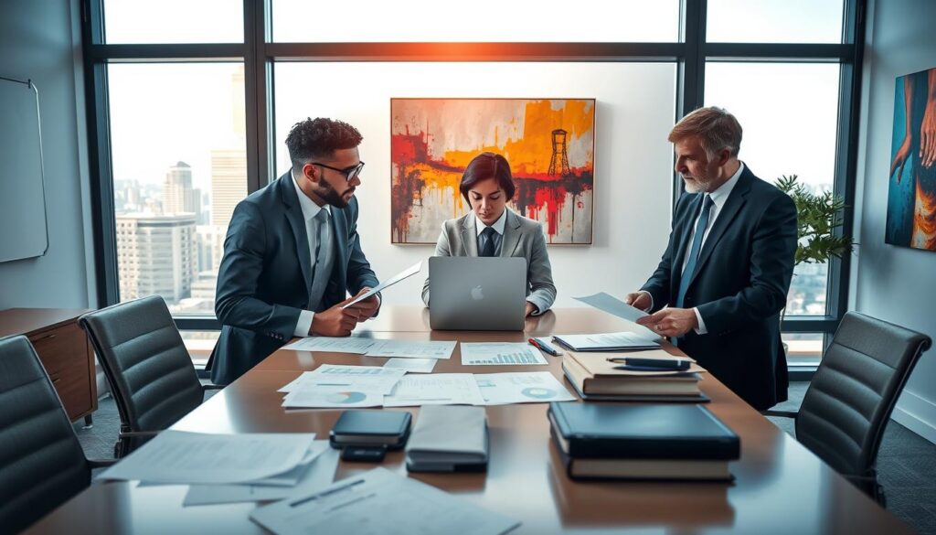 A professional office setting illustrating the appeal process against an insurance claim. In the foreground, a diverse group of three professionals, two men and one woman, are engaged in a serious discussion. They are dressed in business attire, holding documents and a laptop, surrounded by charts and legal papers spread across a conference table. In the middle, a large window reveals a modern cityscape, casting soft afternoon light into the room, enhancing the atmosphere of focus and determination. In the background, an abstract painting on the wall adds a touch of color, symbolizing hope and progress. The mood is serious yet collaborative, capturing the essence of navigating a challenging appeal process. A professional office setting illustrating the appeal process against an insurance claim. In the foreground, a diverse group of three professionals, two men and one woman, are engaged in a serious discussion. They are dressed in business attire, holding documents and a laptop, surrounded by charts and legal papers spread across a conference table. In the middle, a large window reveals a modern cityscape, casting soft afternoon light into the room, enhancing the atmosphere of focus and determination. In the background, an abstract painting on the wall adds a touch of color, symbolizing hope and progress. The mood is serious yet collaborative, capturing the essence of navigating a challenging appeal process.