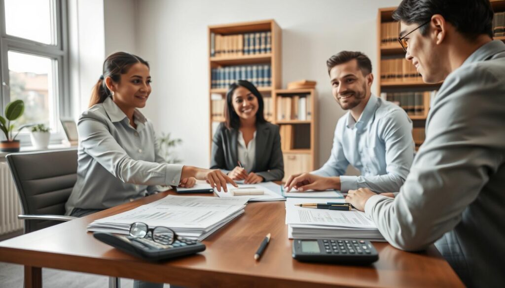 A professional office setting showcasing a consultation for compensation claims. In the foreground, a diverse group of three individuals in business attire are engaged in a discussion, with one person pointing at documents on a table that display charts and calculations. In the middle, there’s a well-organized desk with a laptop and a stack of insurance forms, along with pens and a calculator, indicating a thorough assessment process. The background features shelves filled with legal books and a large window allowing natural light to filter in, creating a warm and informative atmosphere. The mood is focused and collaborative, emphasizing the importance of fair compensation assessments in insurance claims. Use soft, diffused lighting to enhance a professional yet inviting environment.