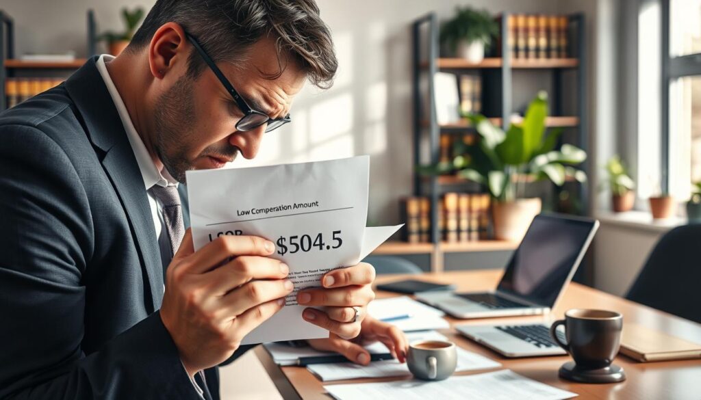 A professional office setting with a close-up view of a distressed individual examining a document that clearly displays a low compensation amount. In the foreground, the person's furrowed brow and tense hands gripping the paper convey frustration and concern. In the middle ground, a modern desk is scattered with legal papers, a laptop, and a cup of coffee, symbolizing the effort to pursue fair compensation. The background features soft-focus shelves filled with law books and potted plants, creating an atmosphere of seriousness yet hope. Natural daytime lighting filters through a window, casting soft shadows and enhancing the somber mood of seeking justice. The individual is dressed in professional business attire, ensuring a polished and respectable appearance.