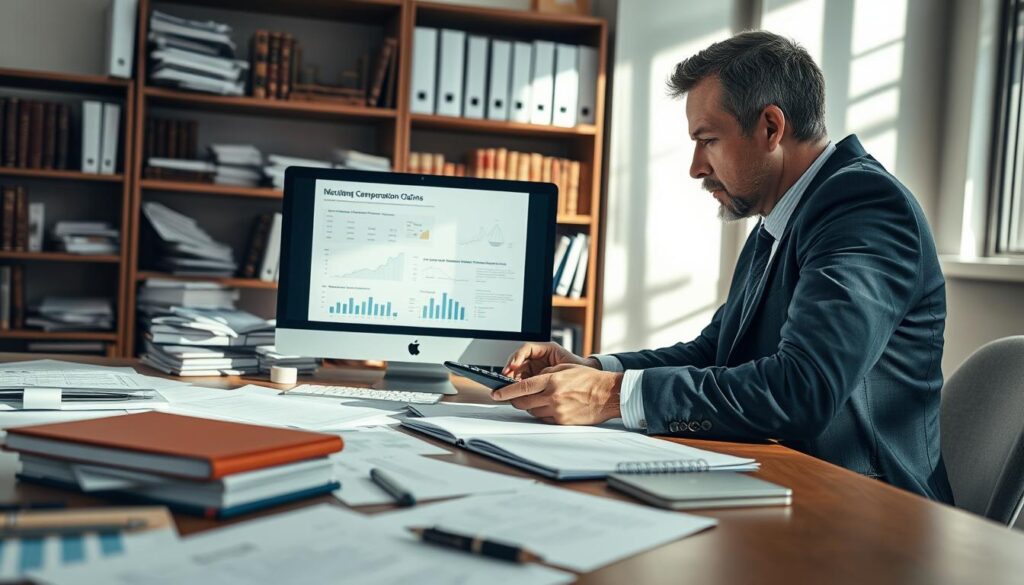 A professional office setting with a focus on a table covered with documents related to insurance claims and accident assessments. In the foreground, an analytical professional in business attire, intently reviewing paperwork and using a calculator, highlighting the meticulous process of verifying compensation claims. In the middle, a computer screen displays a graph and charts illustrating claim costs and legal fees, with a pen and notepad nearby for note-taking. The background features shelves lined with legal books and paperwork, creating an organized yet busy atmosphere. Soft, natural lighting filters through a window, casting gentle shadows, evoking a mood of diligence and seriousness in the pursuit of fair compensation.